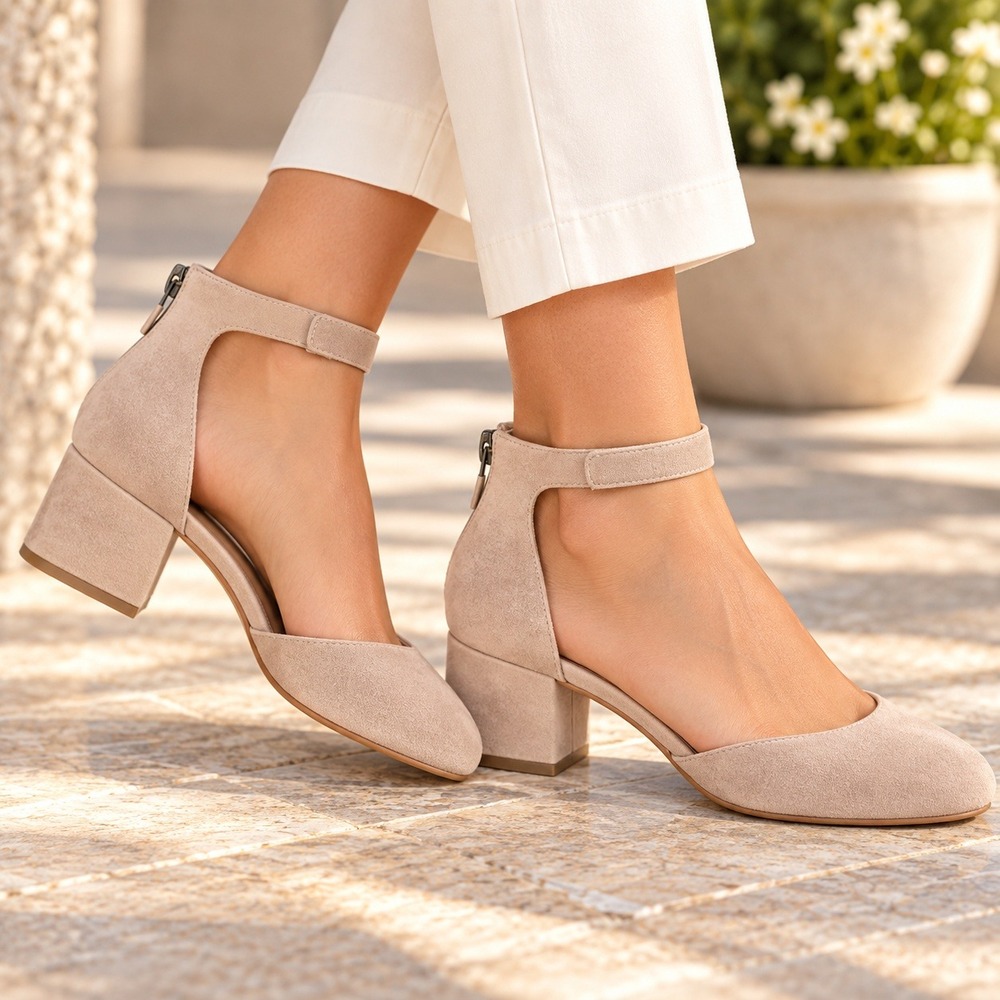Eileen Fisher Just Suede Pumps 8.5 Taupe Ankle Strap 2" Block Heel Shoes